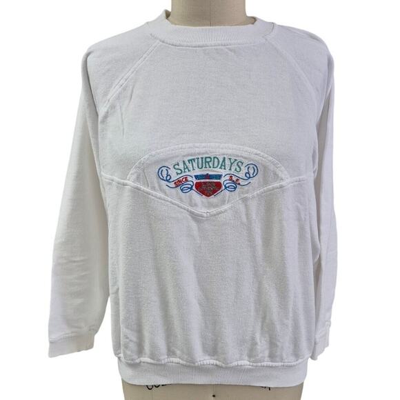 Vtg 80s Saturdays San Francisco White Sweatshirt Embroidered Logo Womens L - Picture 1 of 6